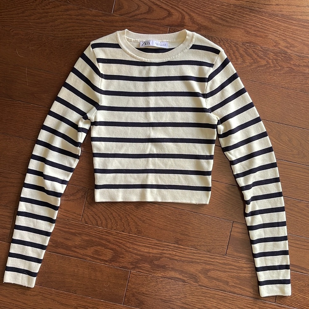 Zara Ribbed Knit Stripe Long Sleeve Sweater Top